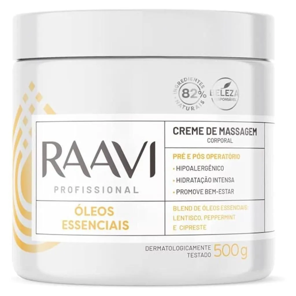 Creme de Massagem Corporal Raavi 500g com Óleos Essenciais Naturais e Relaxantes