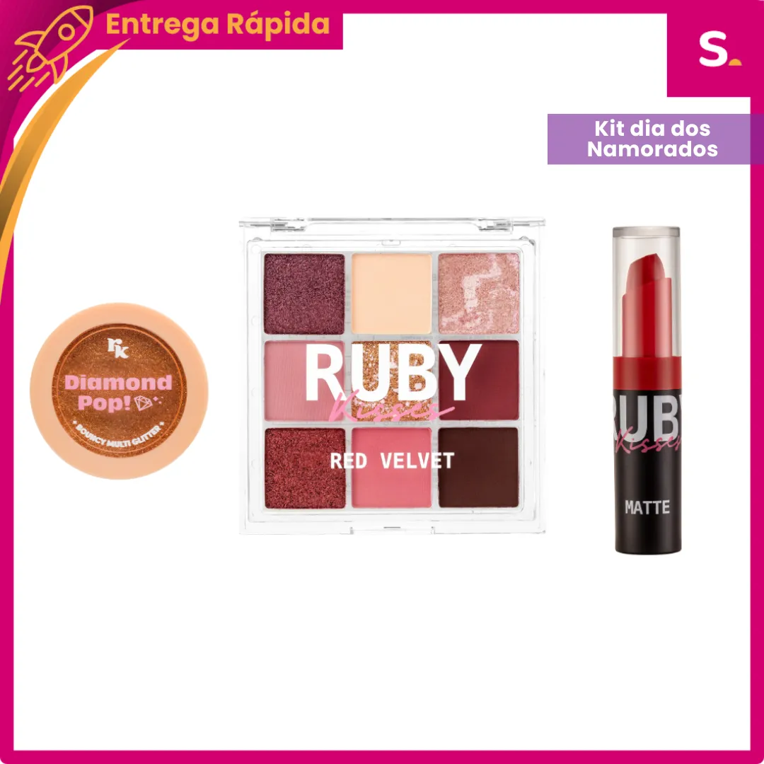 Kit  Dia dos Namorados Paleta Red Velvet Batom Matte Extreme Coral e Glitter Diamond Pop - Ruby Kisses