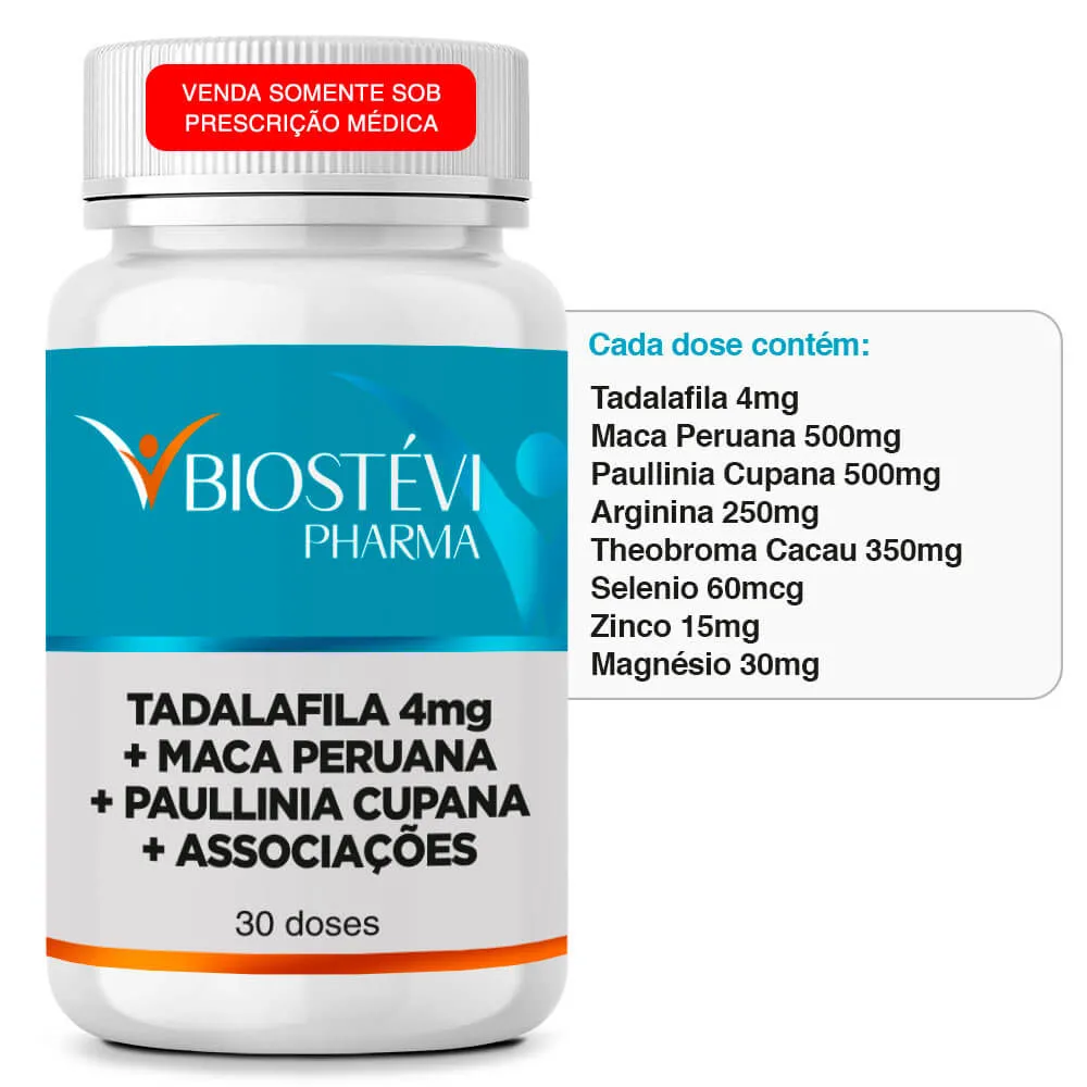 (Composto para Melhores Ereções e Libido) Tadalafila 4mg + Maca peruana + Paullinia Cupana + Associações 30 Doses