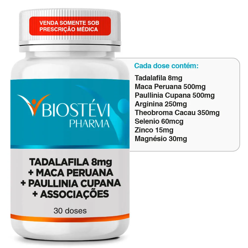 (Composto Turbinado para Melhores Ereções e Libido) Tadalafila 8mg + Maca Peruana + Paullinia Cupana + Associações - 30 Doses