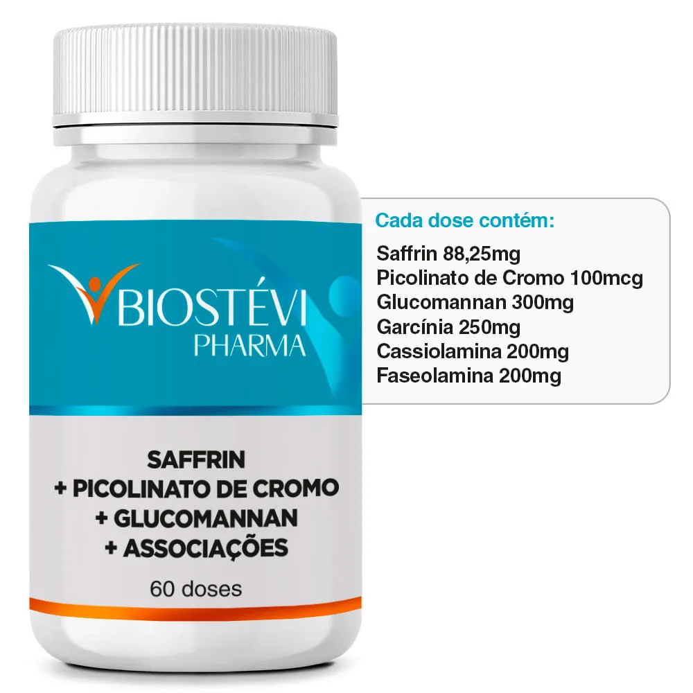 Composto Natural para Auxiliar no Emagrecimento | Saffrin + Picolinato de Cromo + Glucomannan + Associações 60 Doses