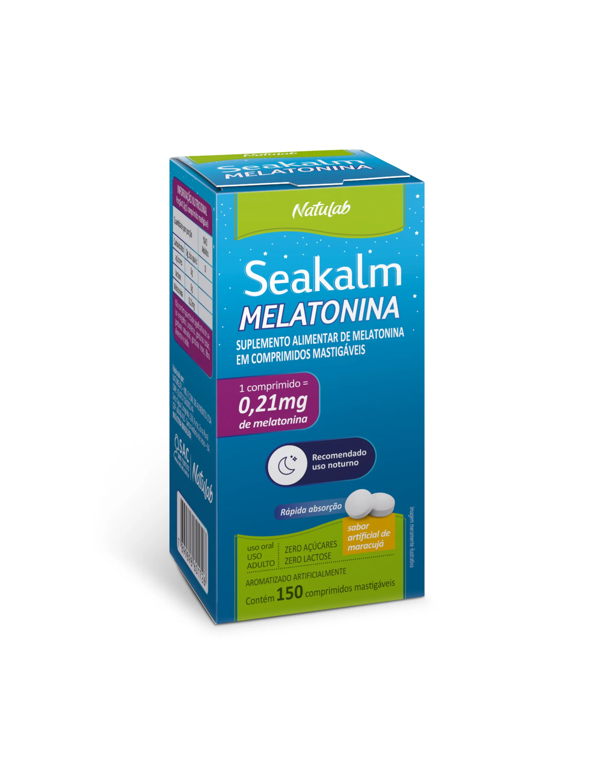 Melatonina Seakalm 0,21mg Sabor Maracujá 150 Comprimidos Mastigáveis