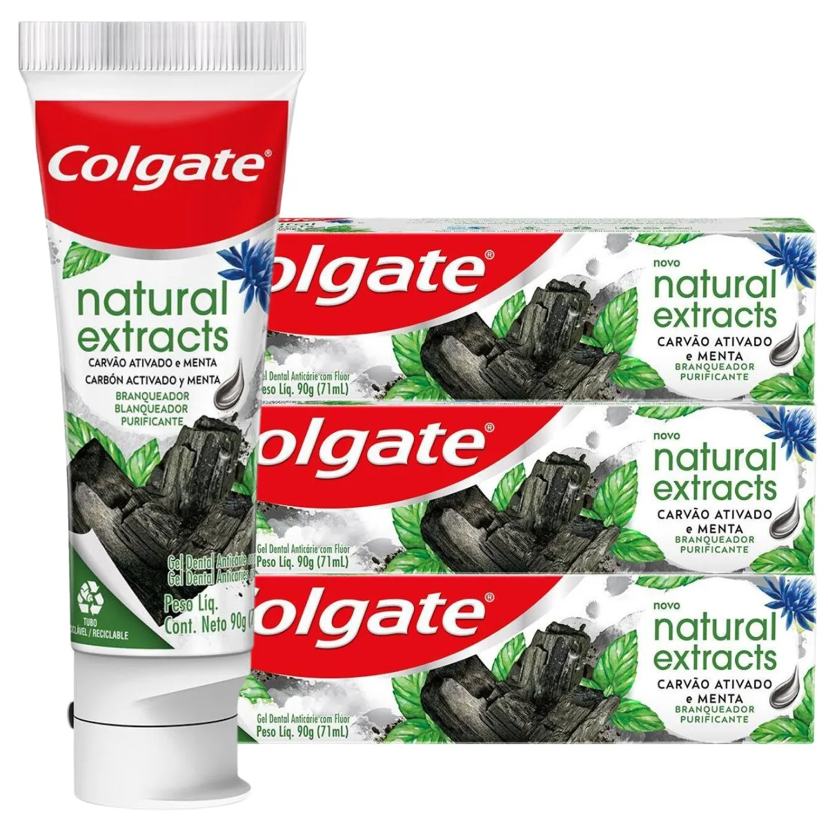 3x Creme Dental Colgate Natural Extracs Carvão Ativado 90g