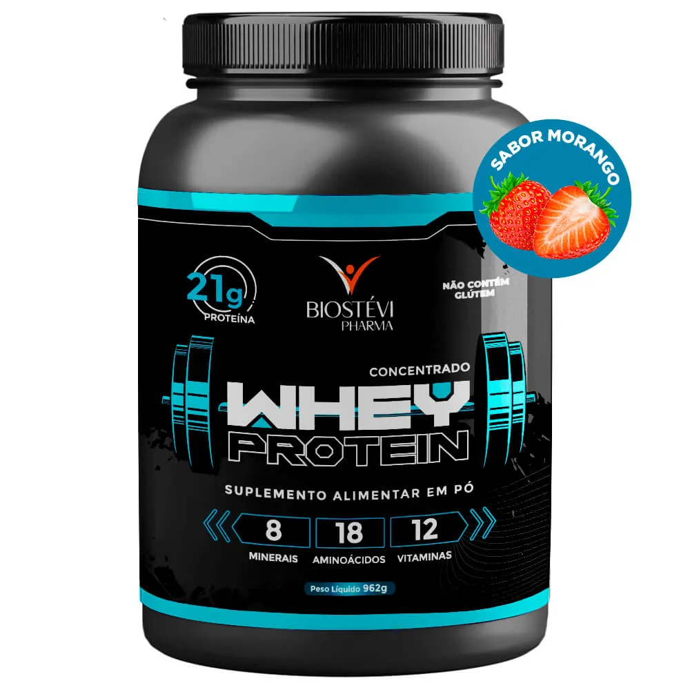 Whey Protein Concentrado 80% Proteína 962g - Sabor Morango