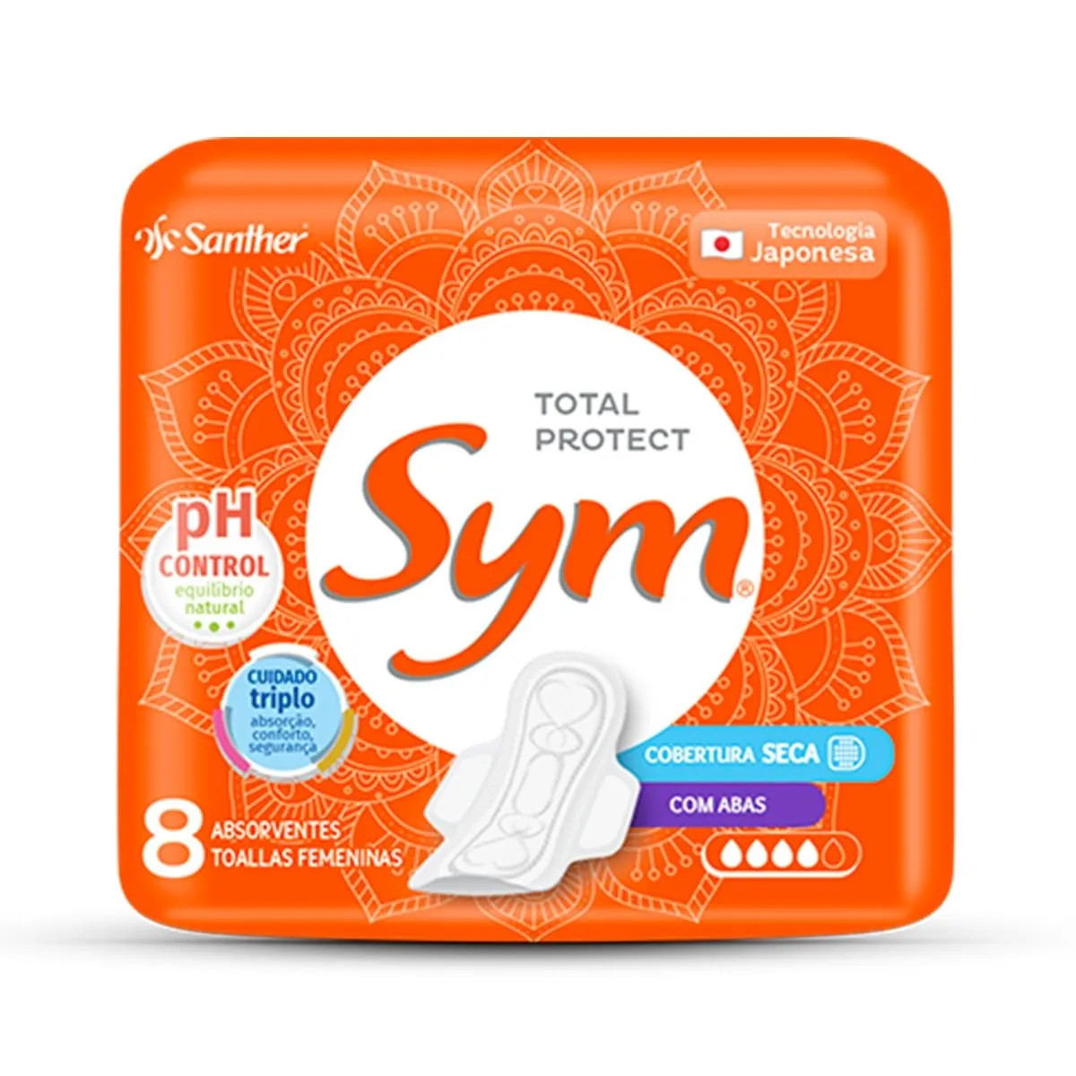 Absorvente Sym Total Protect Cobertura Seca Com Abas 8 Unidades