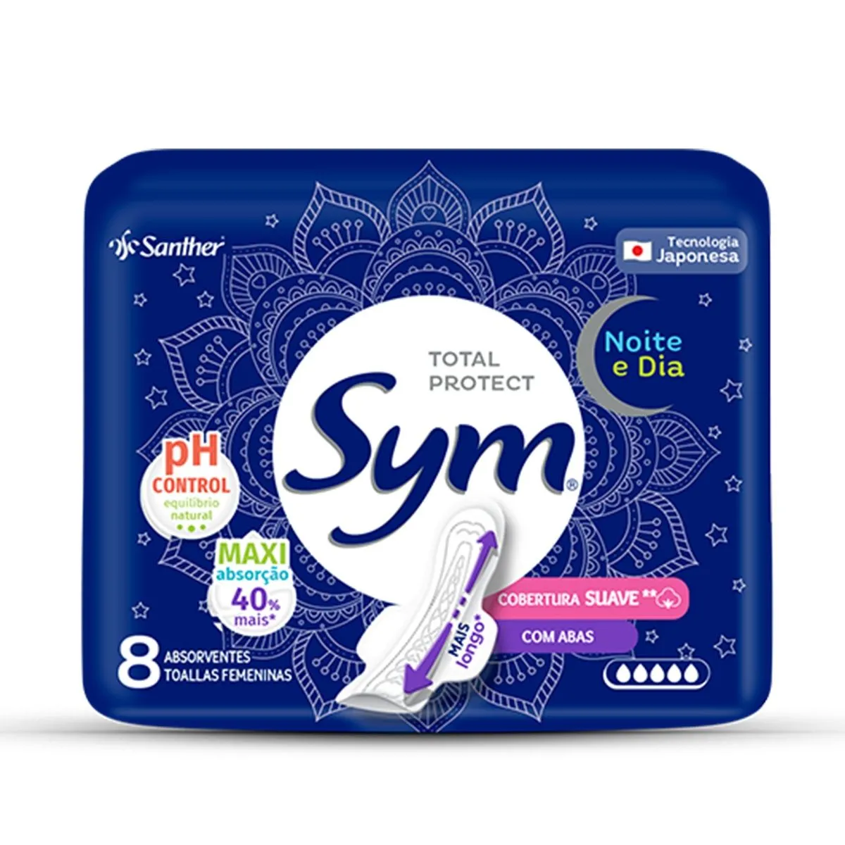 Absorvente Sym Total Protect Noite e Dia Cobertura Suave Com Abas 8 Unidades