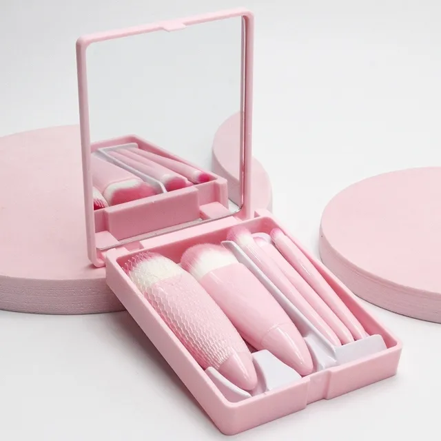 Kit Mini Pinceis de Maquiagem Com Espelho Rosa