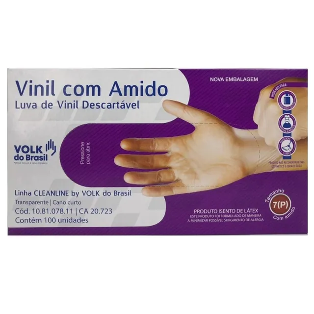 Luva Vinil Volk Descartável Com Amido 100 Unidades Tam P
