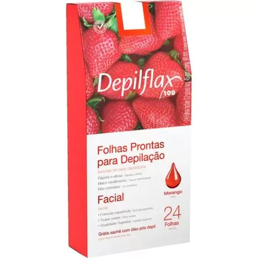 FOLHAS PRONTAS PARA DEPILAÇÃO FACIAL MORANGO DEPILFLAX 24UN