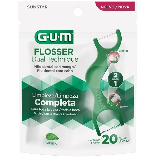 GUM Fio Dental Flosser Com Haste Dual Technique 2 Em 1 20UN
