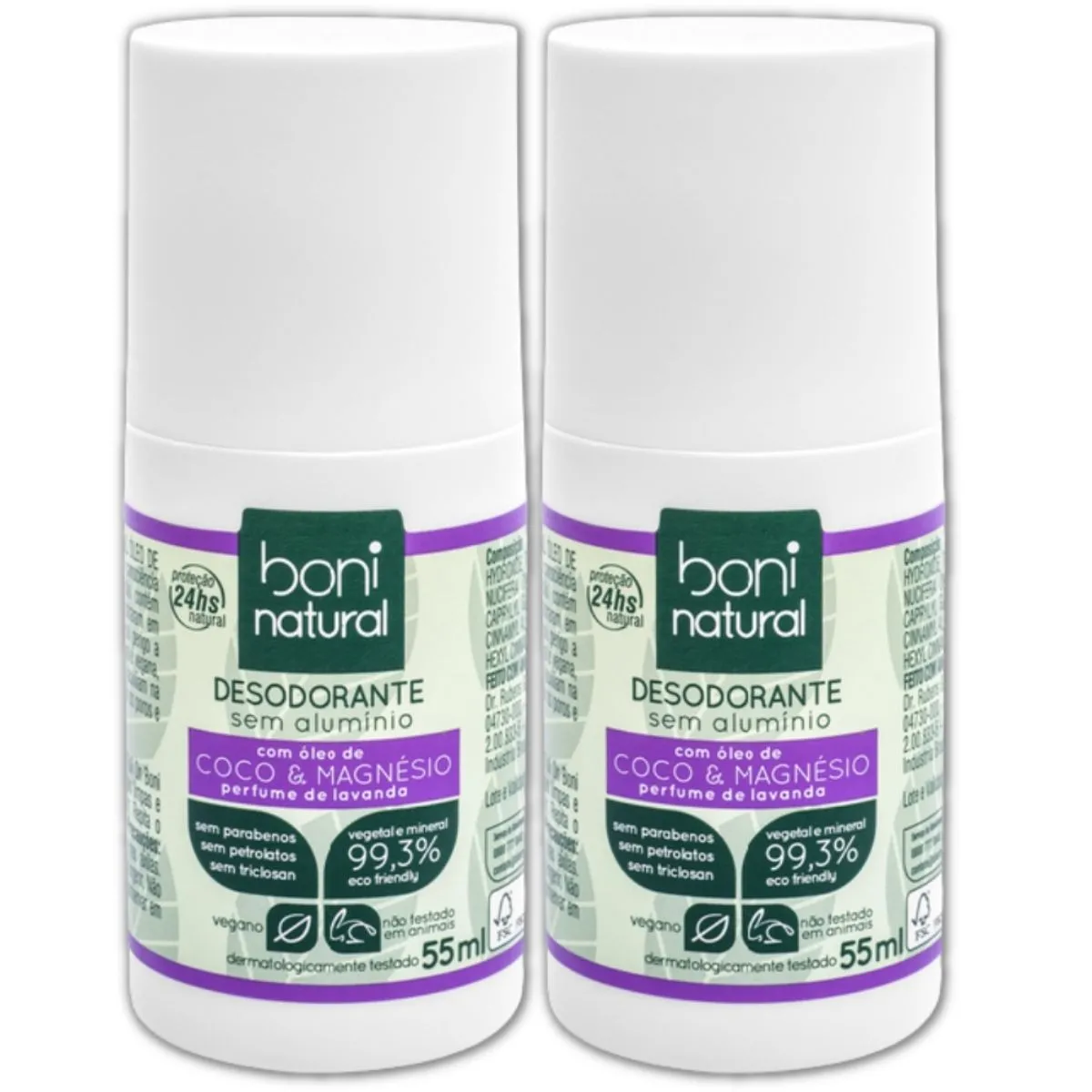 Kit 2 Desodorante Roll-on Vegano Coco e Magnésio Perfume Lavanda 55ml - Boni Natural