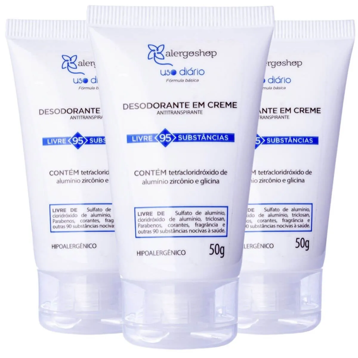 Kit 3 Desodorante Antitranspirante em Creme Uso Diário Hipoalergênico 50ML - Alergoshop