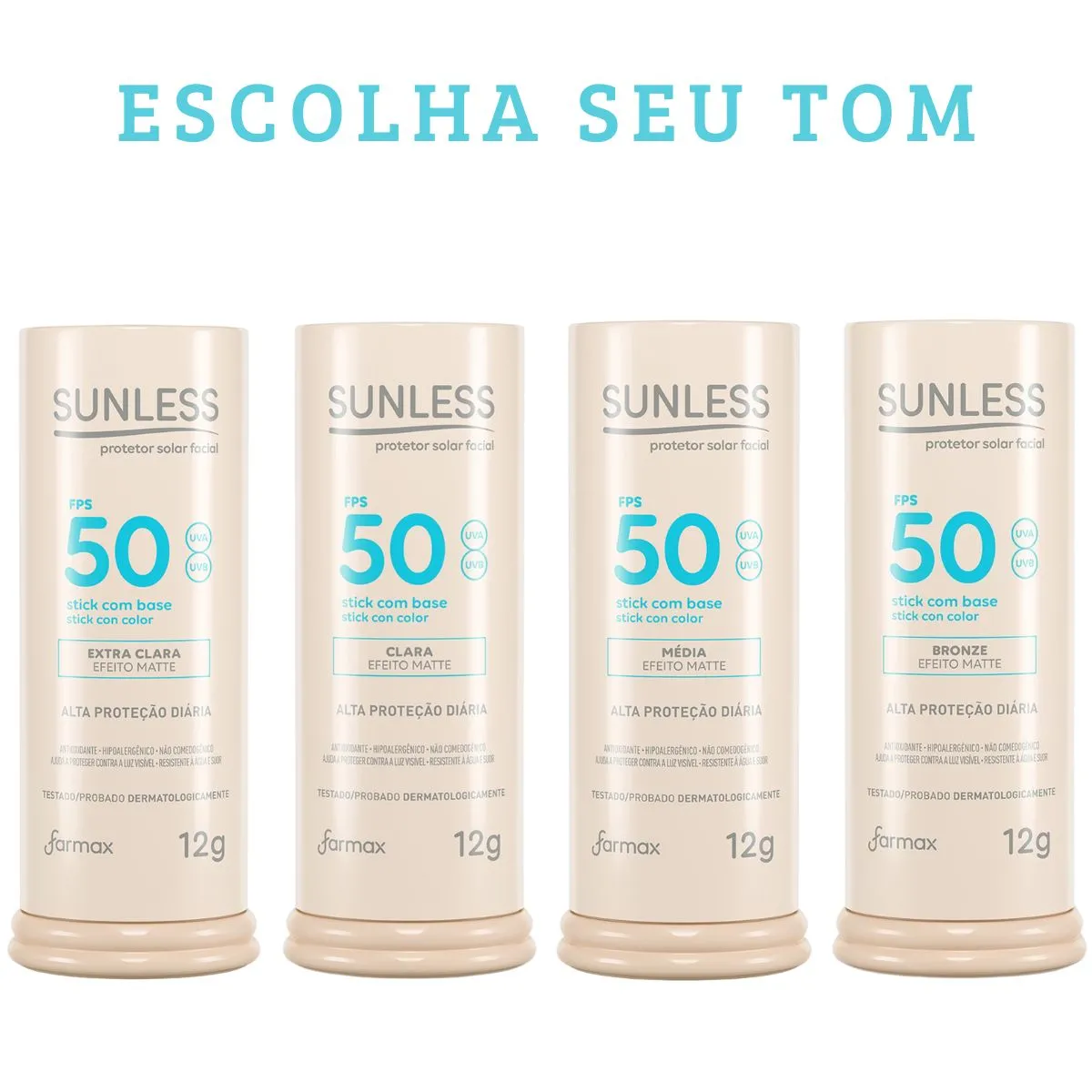 Kit 3 Protetor Solar Stick Com Base 12g FPS 50 Sunless - Escolha Seu Tom