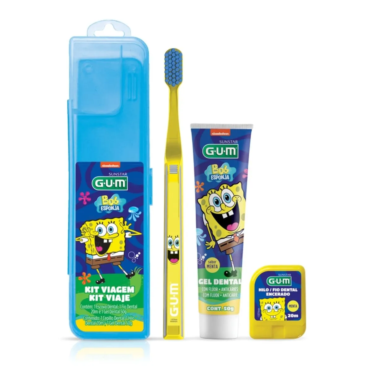 Kit Escovação Dental Bob Esponja Escova + Gel Dental + Fio Dental - GUM