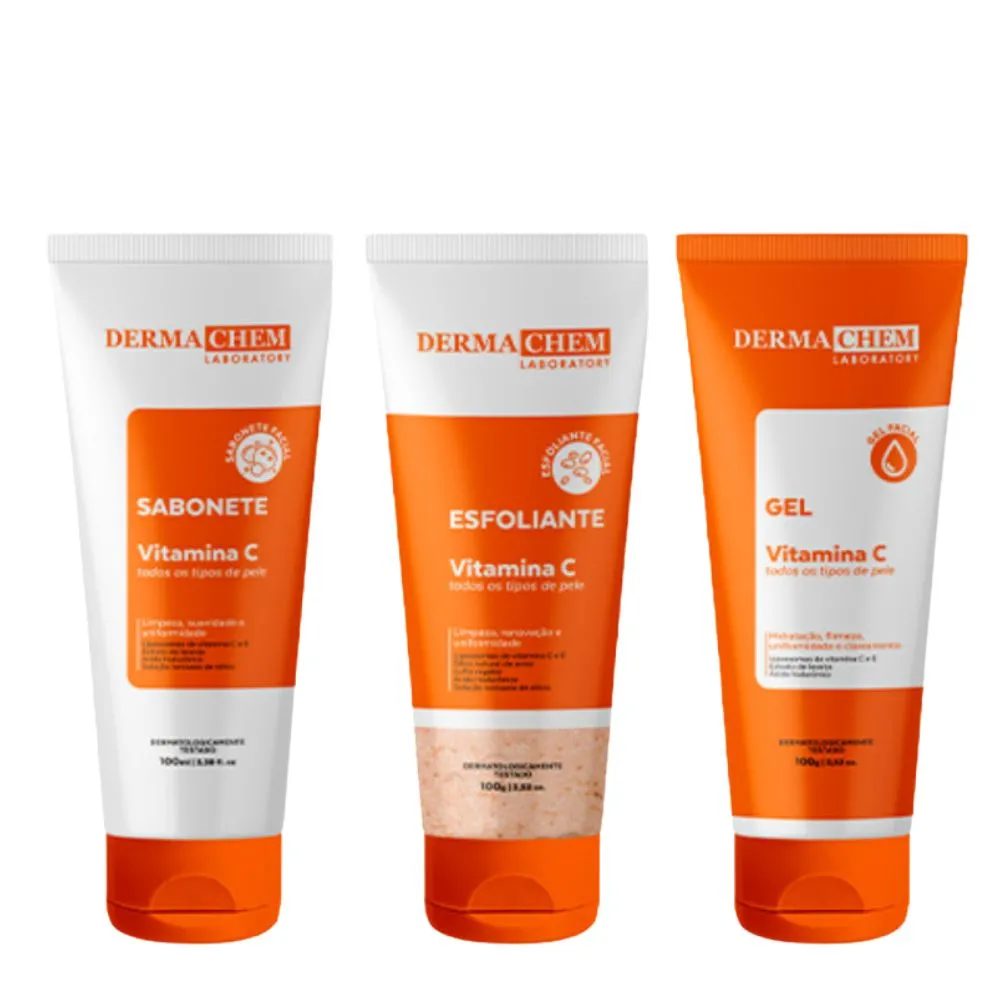 Kit Skin Care Sabonete 100ml + Esfoliante 100g + Gel Vitamina C 100g Dermachem