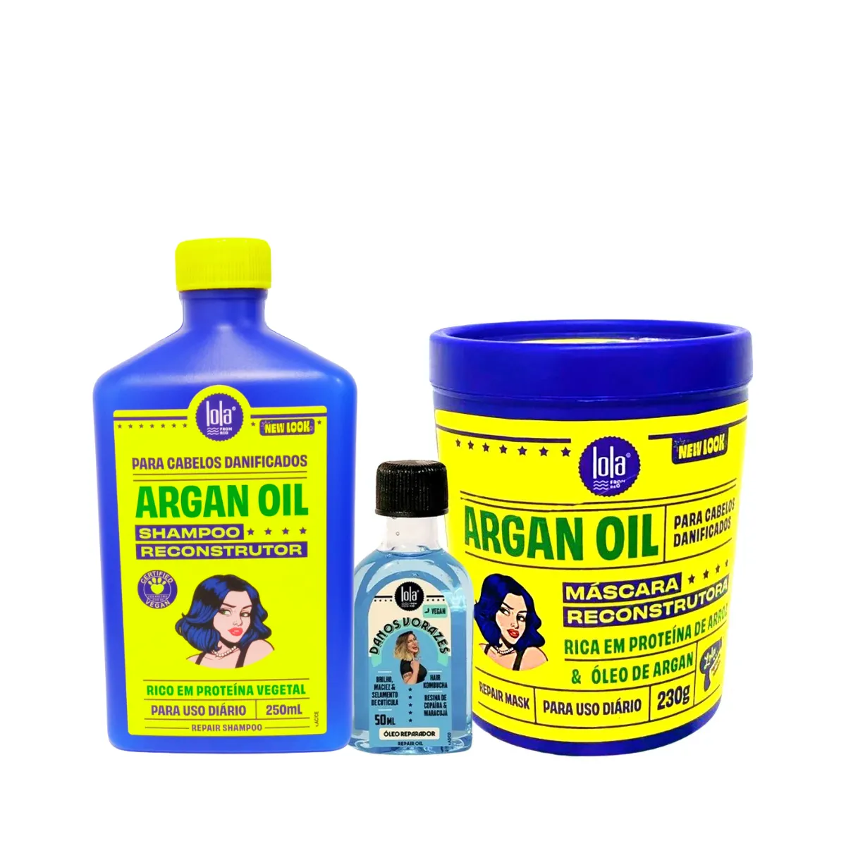 Kit Argan Oil Sh 250ml + Masc 230ml + Danos Vorazes Óleo Reparador 50ml | By Linda