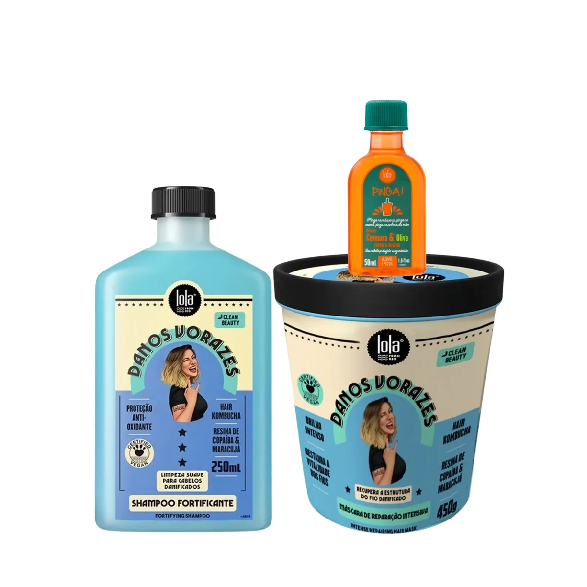 Kit Lola Danos Vorazes Sh 250ml + Masc 450ml + Pinga! Óleo Cenoura e Oliva 50ml | By Linda