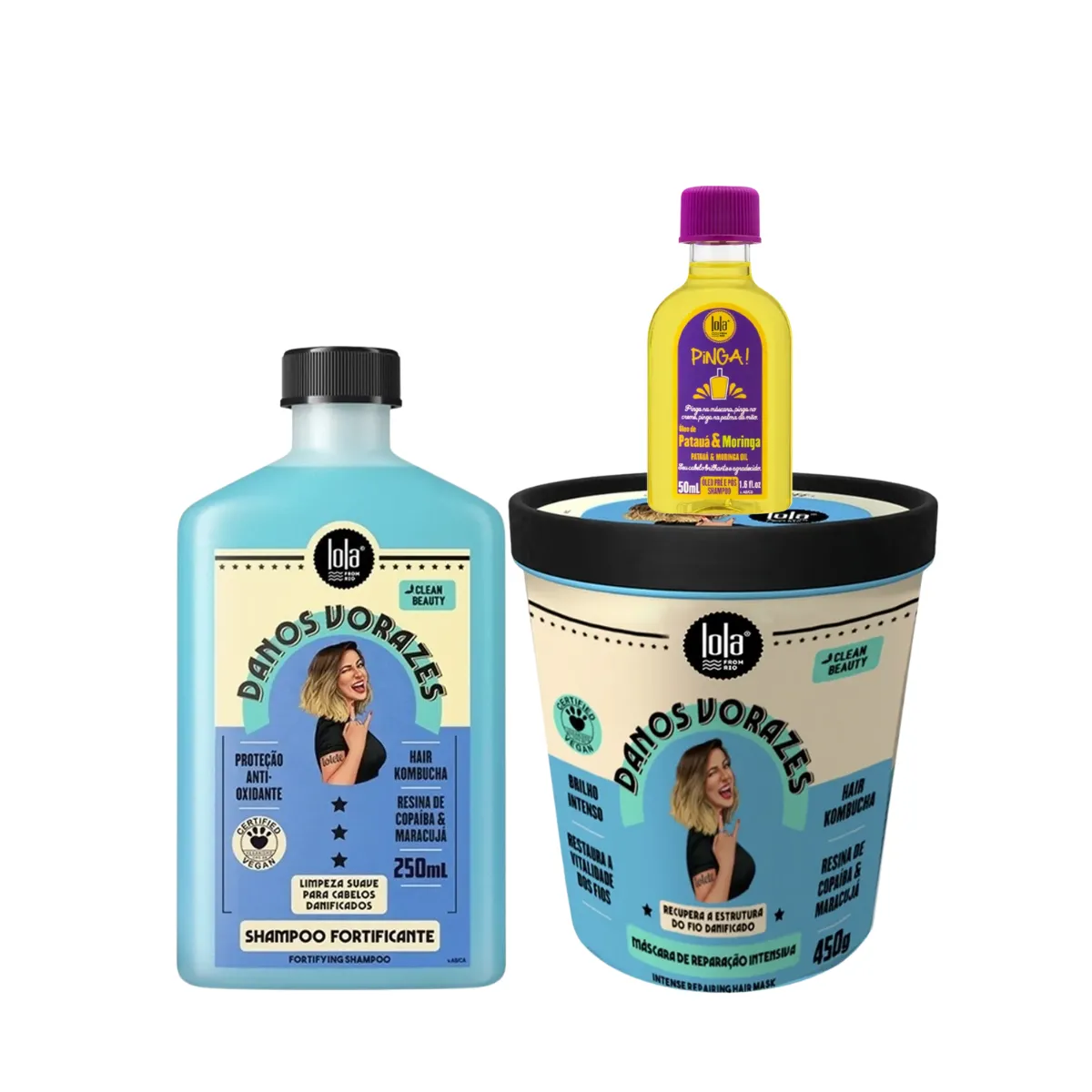 Kit Lola Danos Vorazes Sh 250ml + Masc 450ml + Pinga! Óleo Pataúa e Moringa 50ml | By Linda