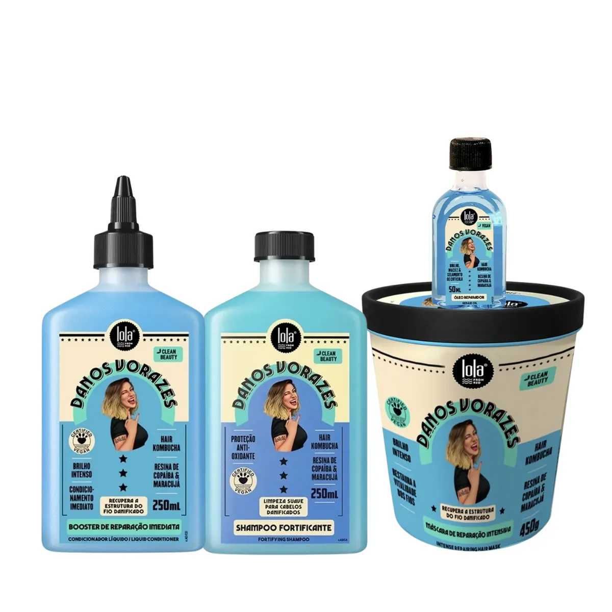 Kit Lola Danos Vorazes Sh 250ml + Masc 450ml + Booster Reparação + Danos Vorazes Óleo Reparador | By Linda