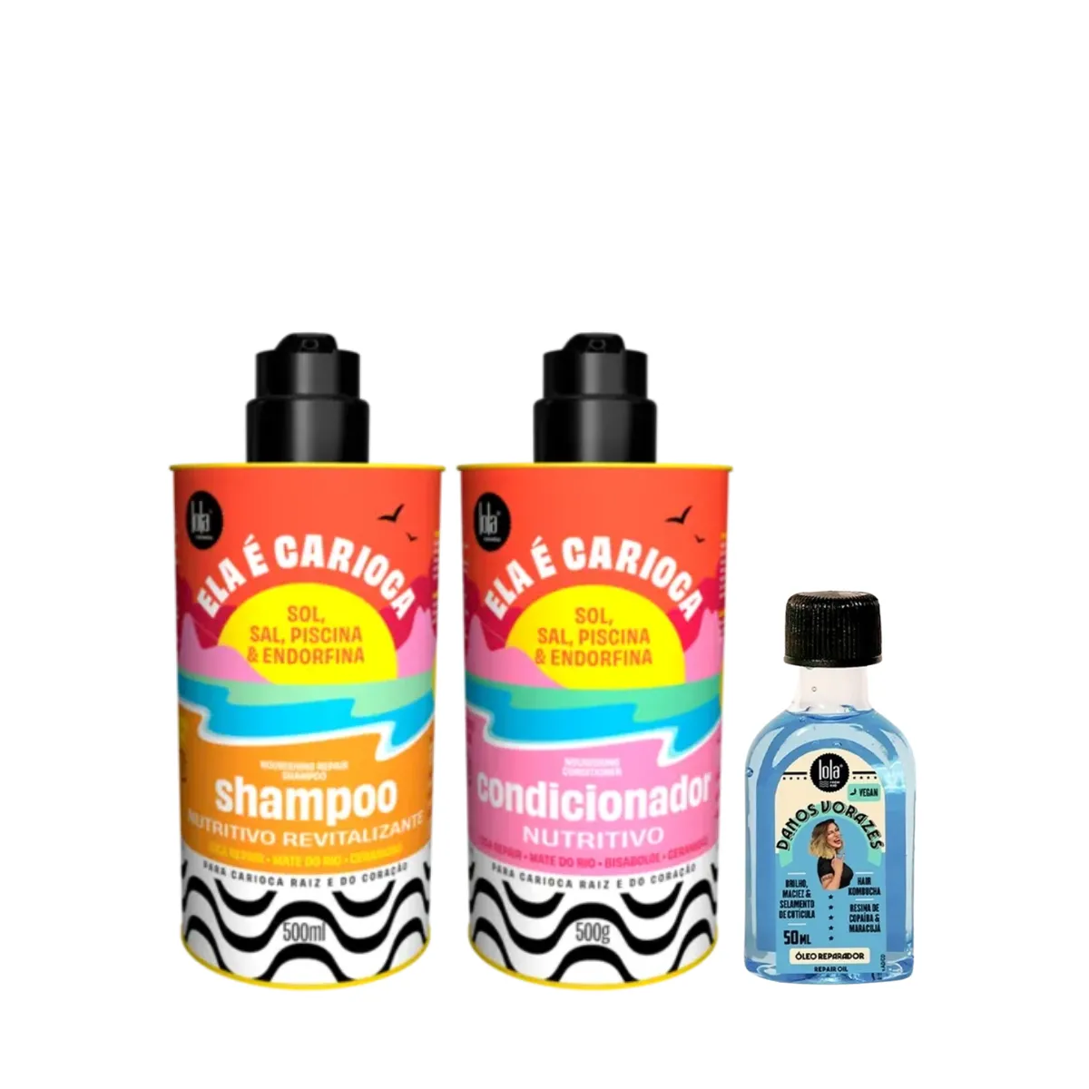 Kit Lola Ela é Carioca Sh 500ml + Cond 500ml + Danos Vorazes Óleo Reparador 50ml | By Linda