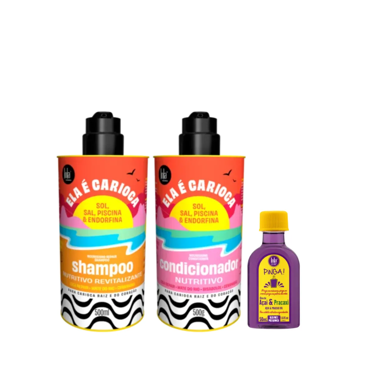 Kit Lola Ela é Carioca Sh 500ml + Cond 500ml + Pinga! Óleo Açaí e Pracaxi 50ml | By Linda