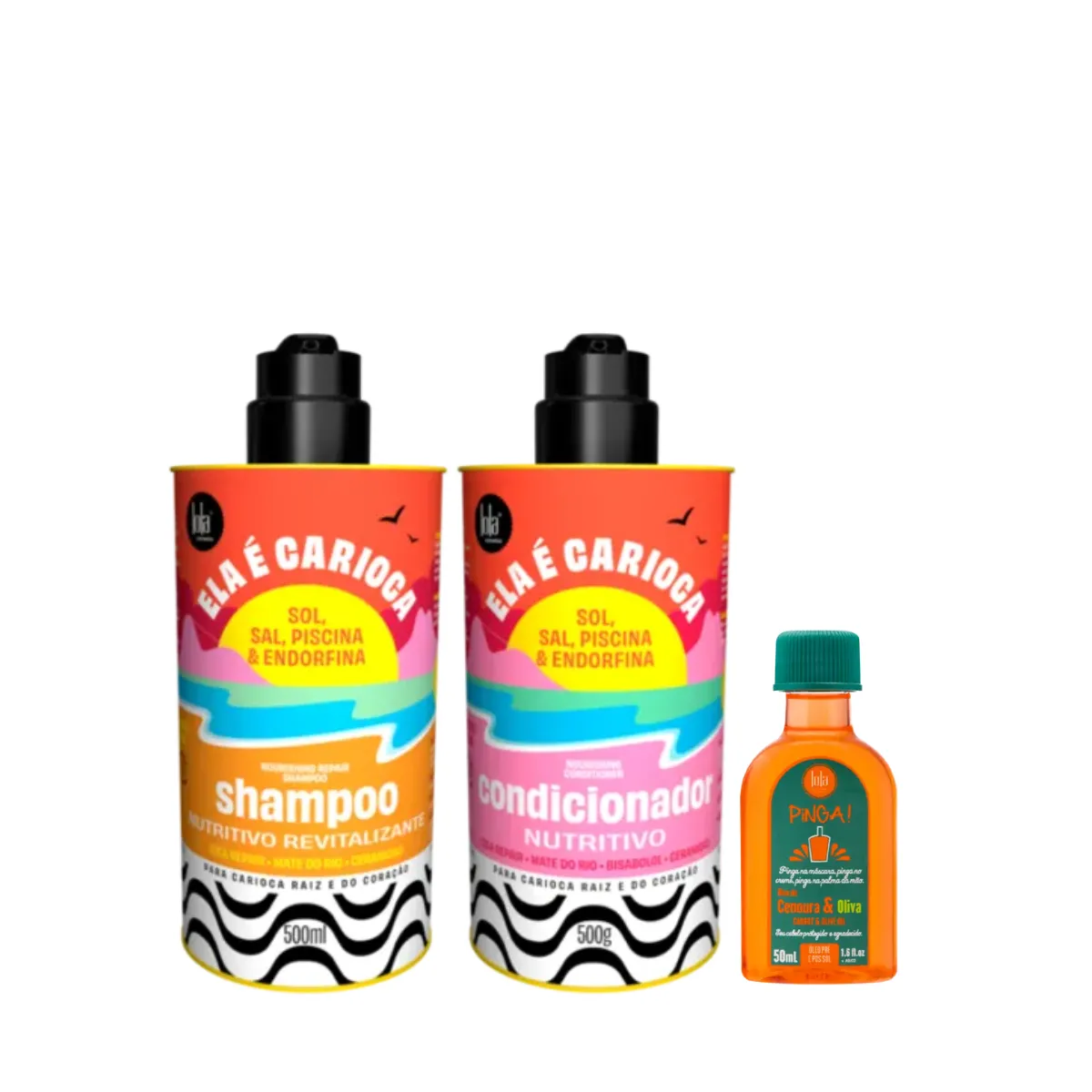Kit Lola Ela é Carioca Sh 500ml + Cond 500ml + Pinga! Óleo Cenoura e Oliva 50ml | By Linda