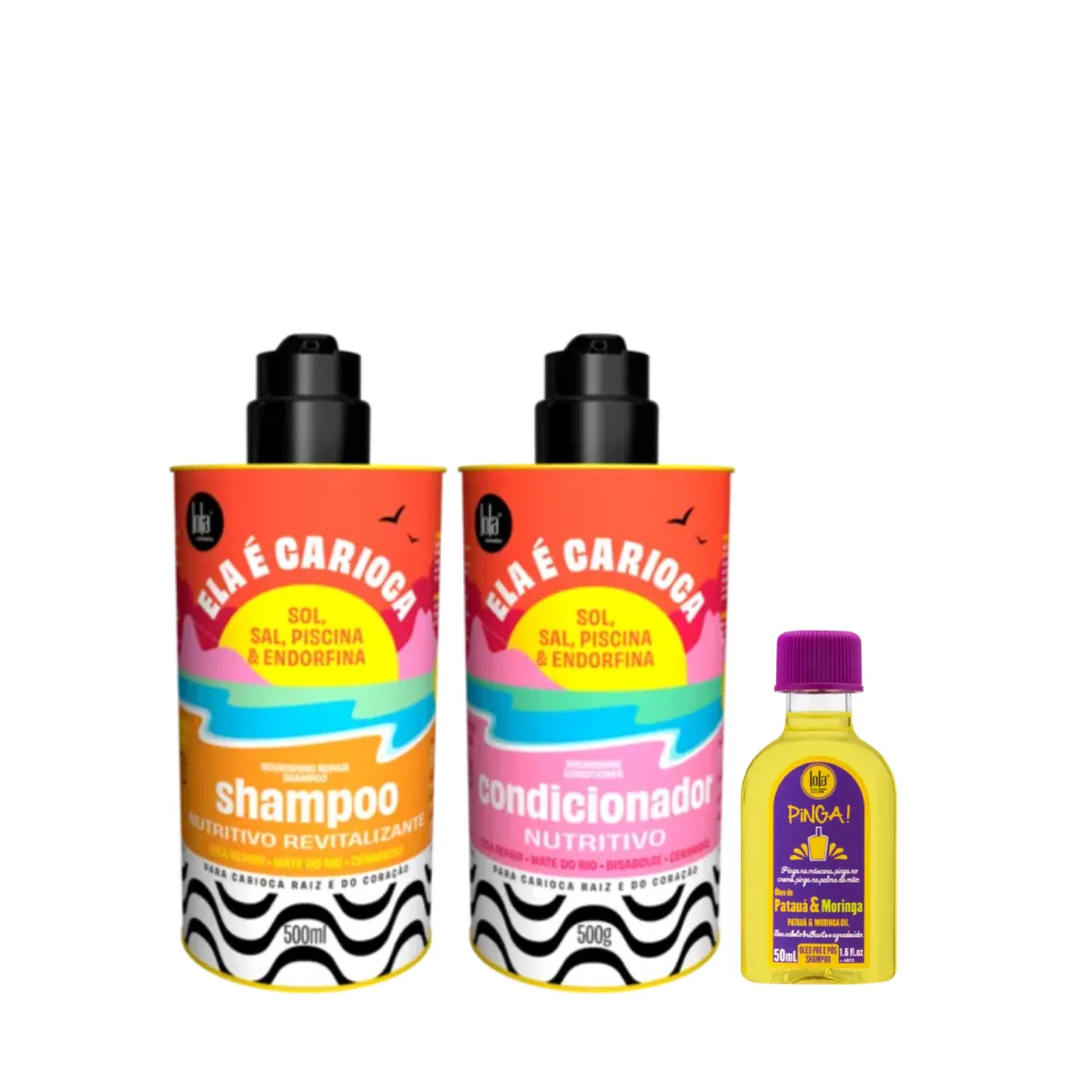 Kit Lola Ela é Carioca Sh 500ml + Cond 500ml + Pinga! Óleo Pataúa e Moringa 50ml | By Linda