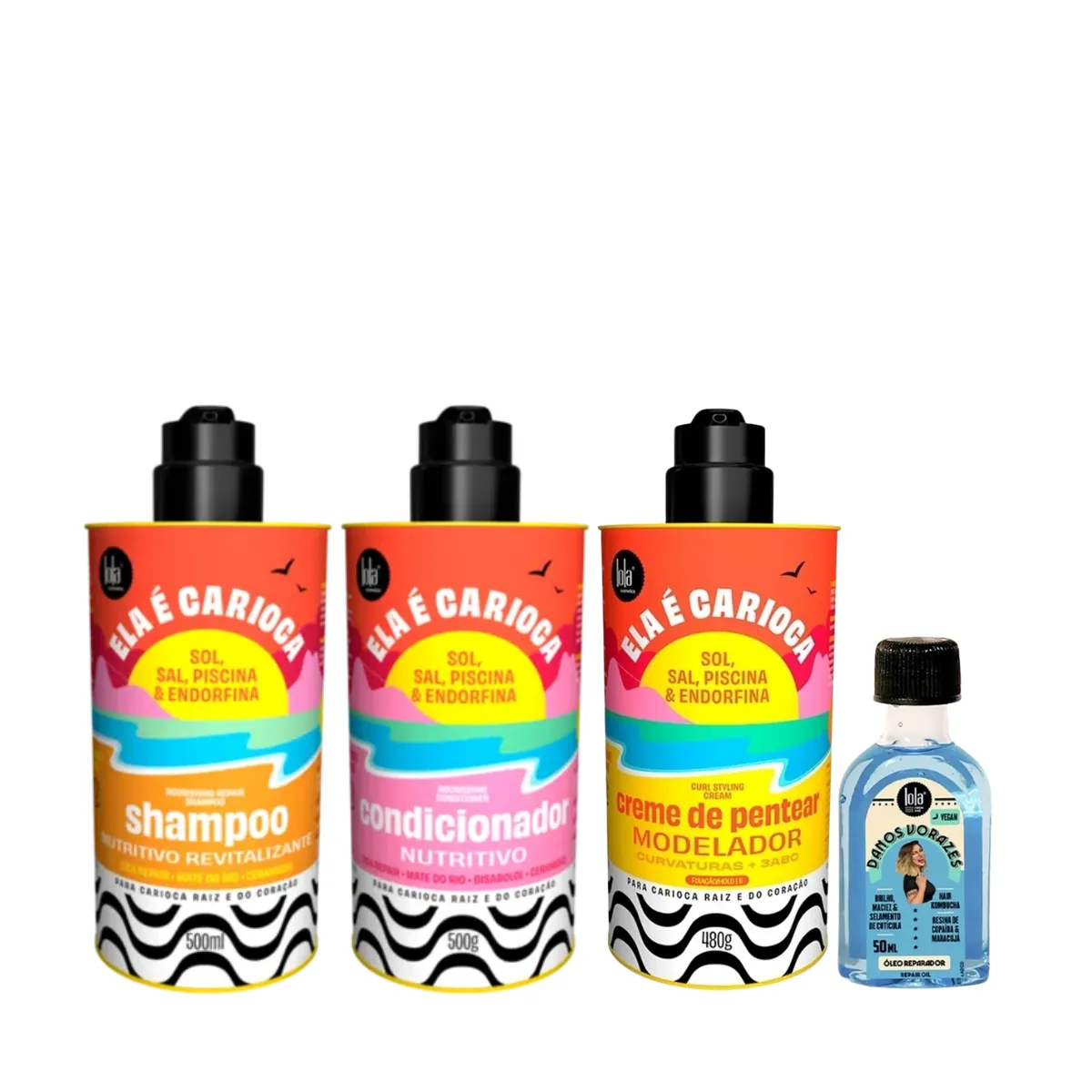 Kit Lola Ela é Carioca Sh 500ml + Cond 500ml + Cpp 3ABC 480ml + Danos Vorazes Óleo Reparador 50ml | By Linda