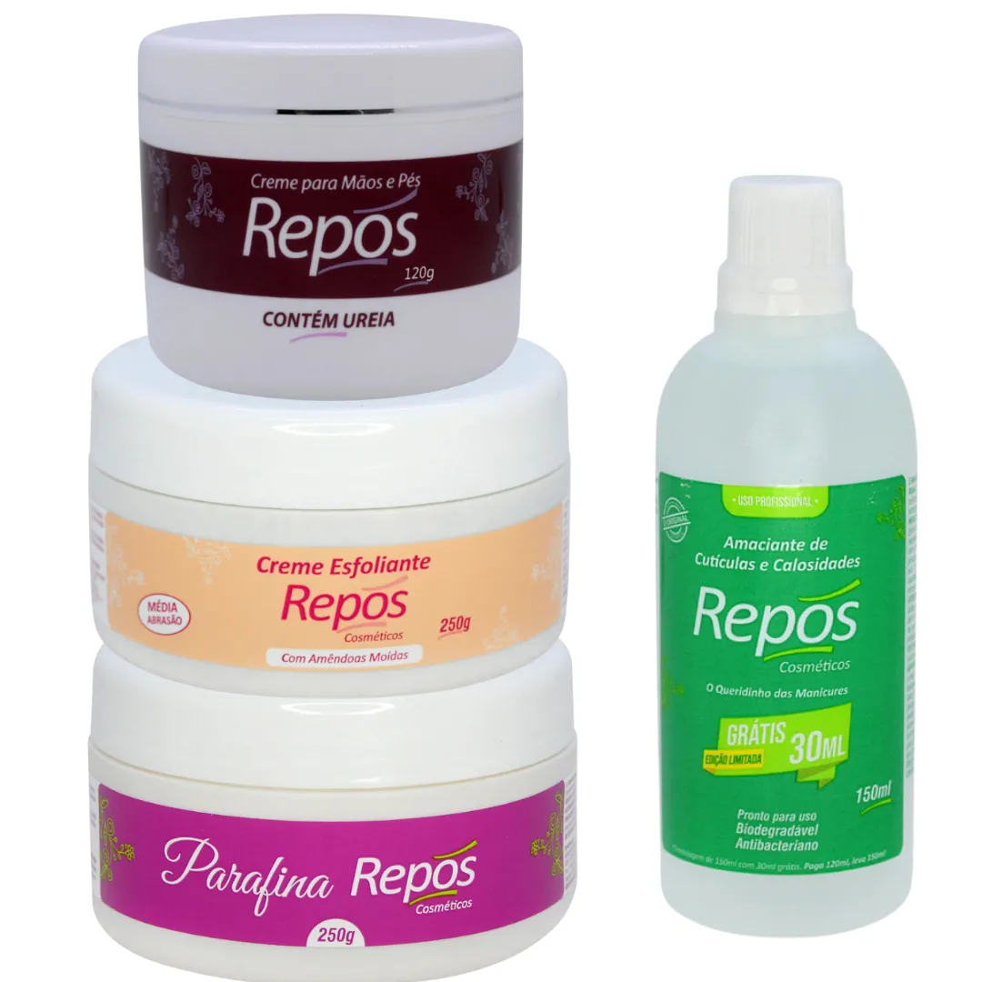 Kit Repos Amaciante 120ml + Esfoliante 250ml + Parafina 250ml + Creme de Uréia 120ml
