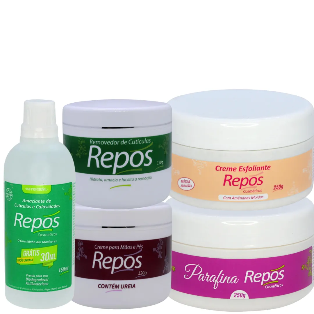 Kit Repos Amaciante 120ml + Removedor 120ml + Creme de Uréia 120ml + Esfoliante 250ml + Parafina 250ml