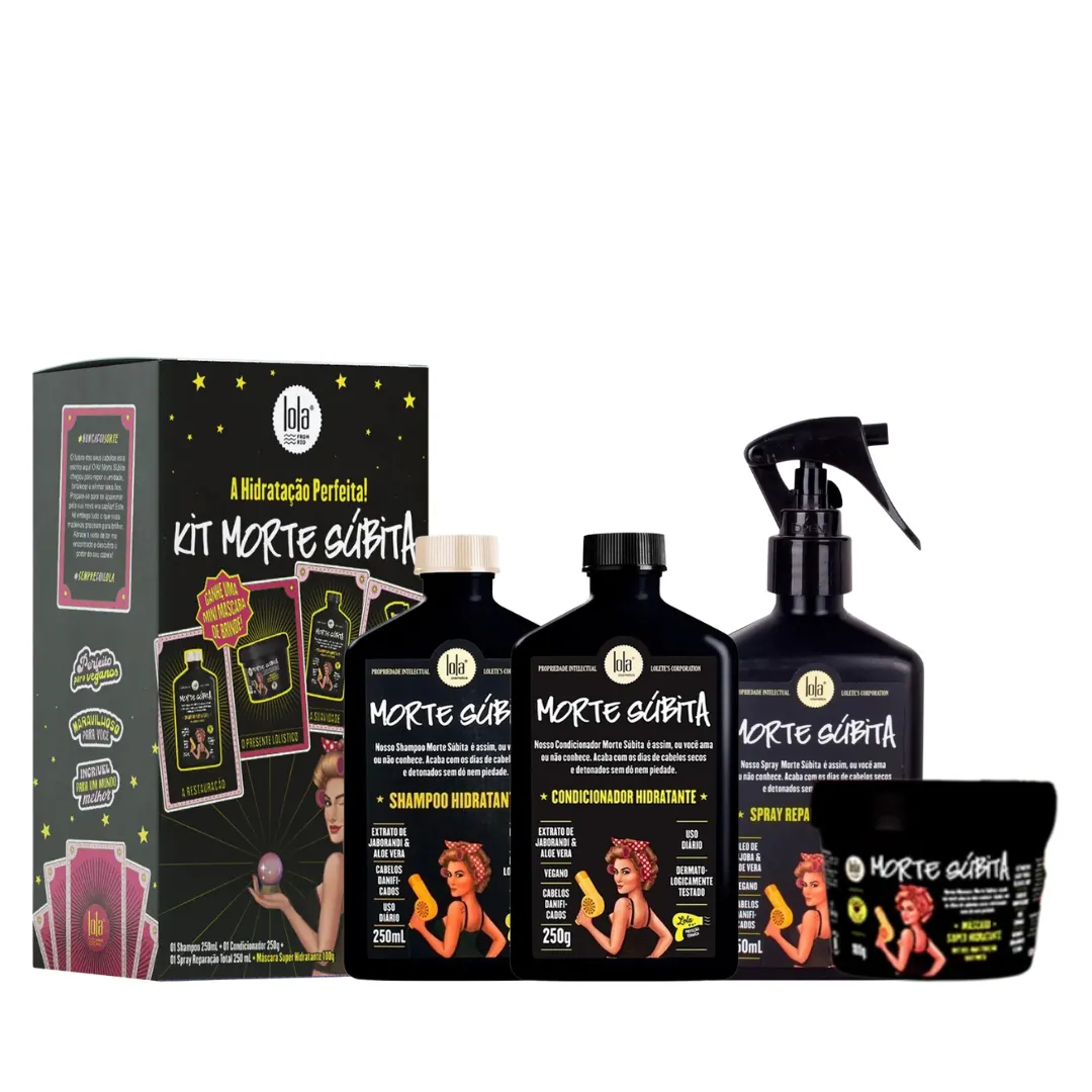Lola Kit Caixa Morte Súbita Shampoo 250ml + Condicionador 250ml + Spray 250ml + Mini Máscara 100g – Hidratação e Reparação Vegana | By Linda