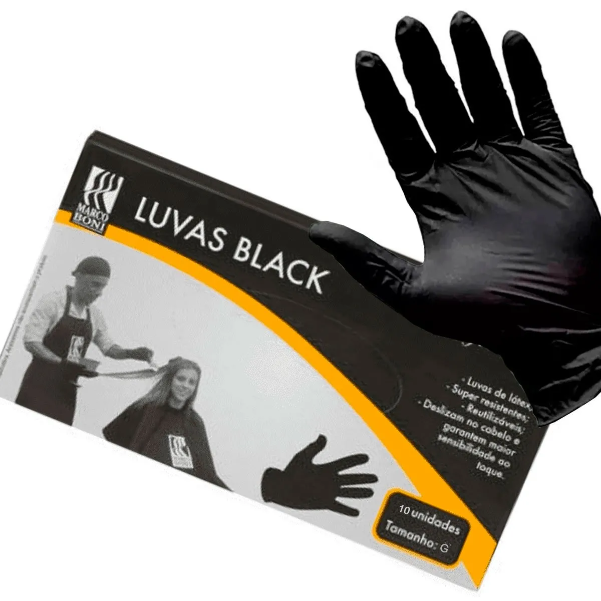 Luva de Látex Reutilizável Preta Marco Boni 10 unidades Grande