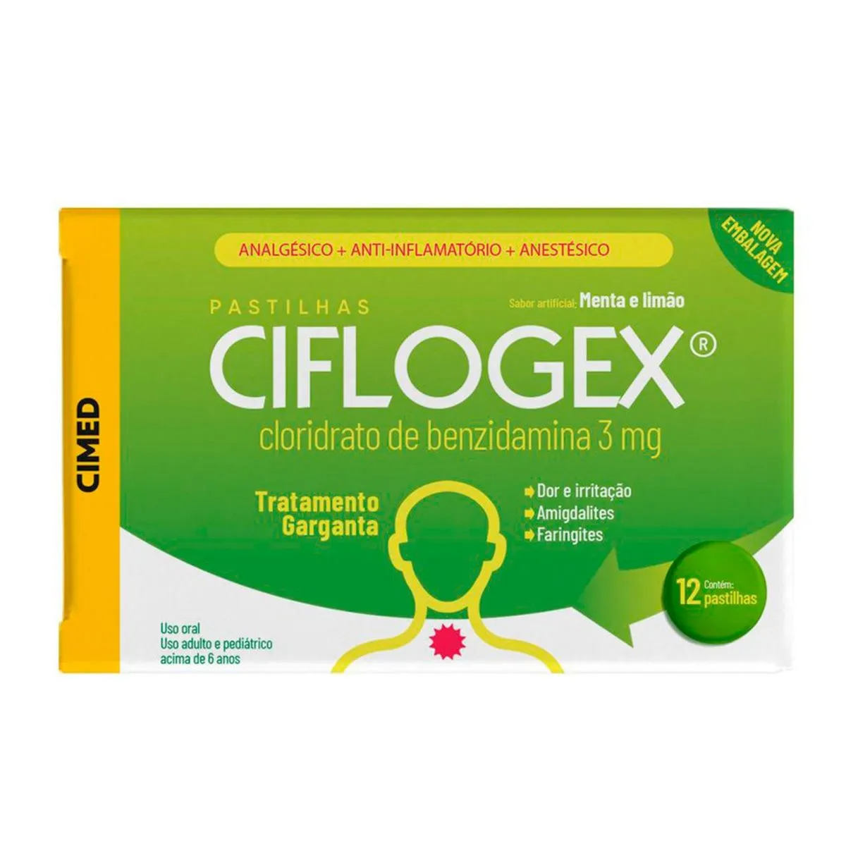 Pastilha De Garganta Ciflogex 3mg Menta E Limao Com 12 Pastilhas