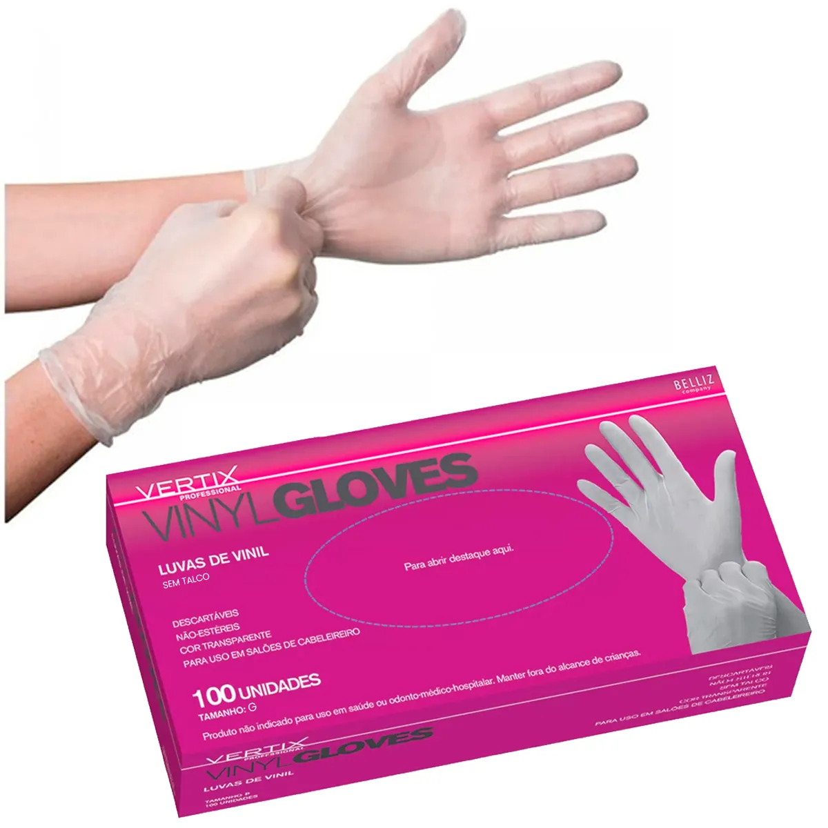 Luva Transparente de Vinil Sem Talco 100 Unidades Vertix Tamanho G